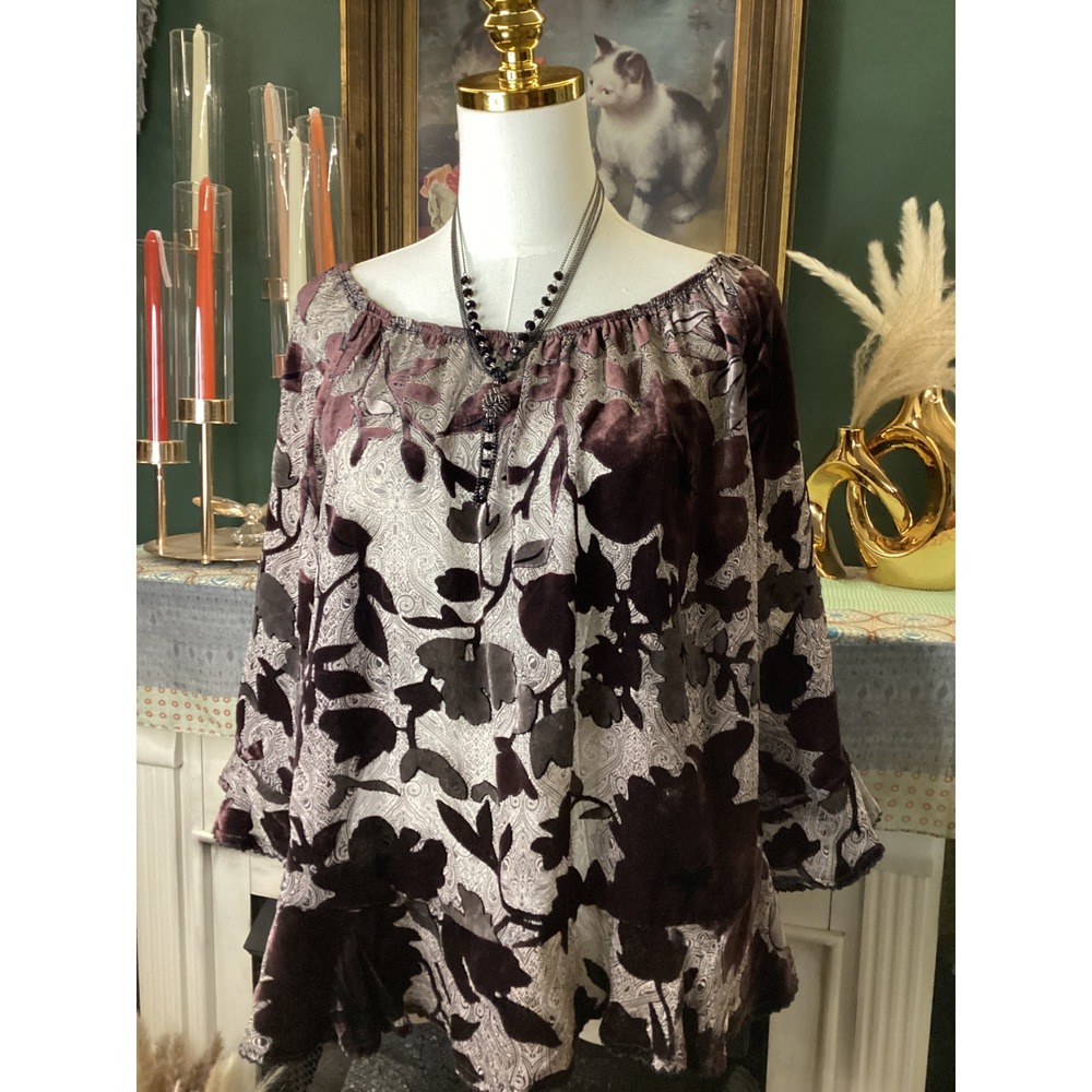 Democracy Womens Large Silk Blend Burnout Velvet Floral Paisley Blouse B9608BO8E